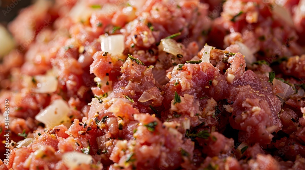 Close-up of ground pork, emphasizing its texture and the addition of flavorful seasonings like garlic and onion, ideal for pork burgers, isolated background Close-up of ground pork, emphasizing its texture and the addition of flavorful seasonings like garlic and onion, ideal for pork burgers, isolated background