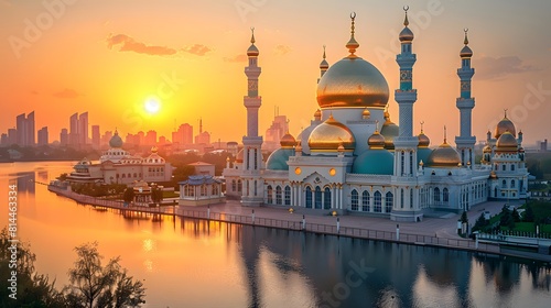Photograph of mosques with golden domes and tall minarets under a clear sky Ai Image