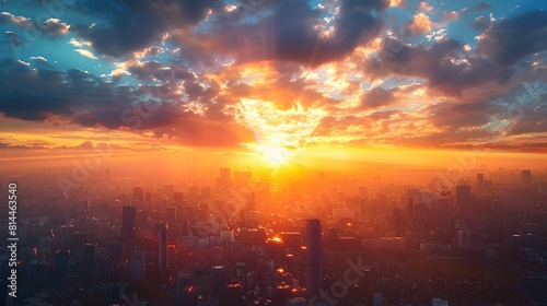 Vibrant Sunrise Over Bustling Cityscape Symbolizing New Opportunities and a Fresh Start for the Future © Thares2020