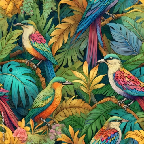 a seamless pattern featuring intricately detailed tropical birds and lush jungle foli