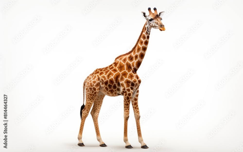 A tall giraffe stands on a white background. The giraffe has a long neck and a spotted coat.