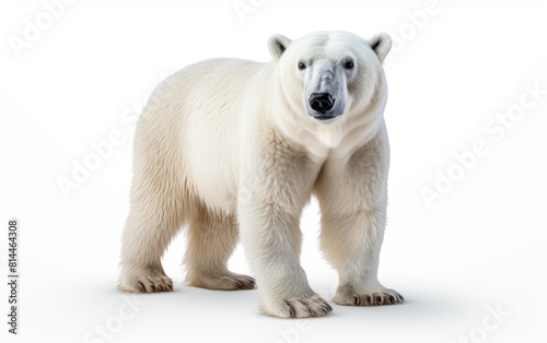 A large white polar bear with black nose and eyes is standing   looking at the camera with a curious expression.