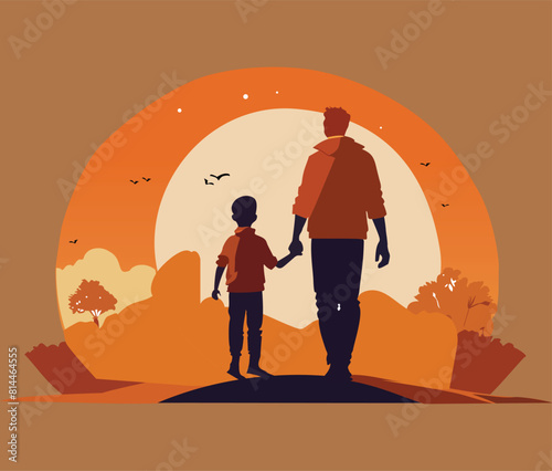 Silhouette of father and son with beautiful sunset background vector design