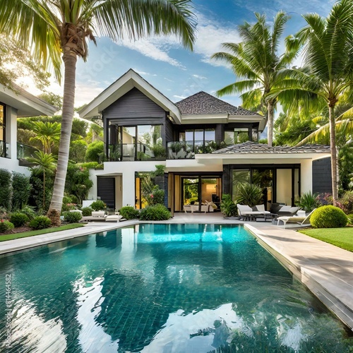the beauty of a luxury modern home nestled amidst palm trees and tropical foliage, with a sparkling backyard swimming pool inviting viewers to indulge in the epitome of relaxation and comfort © Asad