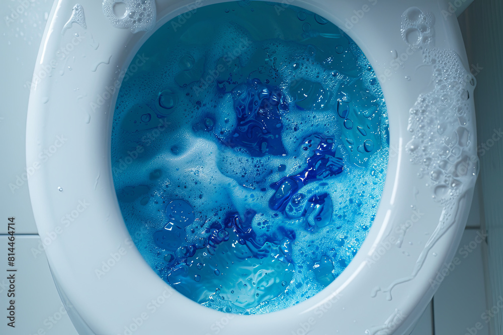 Top view of toilet bowl, blue detergent flushing in it
Top view of toilet bowl, blue detergent flushing in it