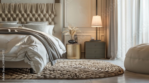 A bedroom with a luxurious, freestanding headboard, a stylish bedside lamp, and a soft, woven rug