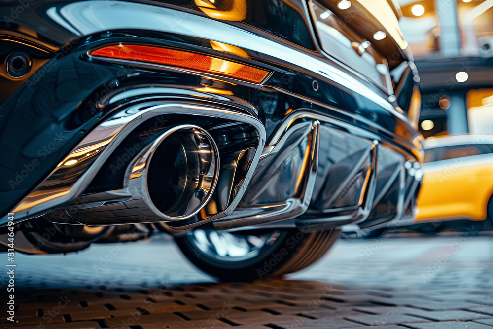 Obraz premium Sportive mufflers. Oval or round Car Exhaust Tailpipe chromed made of stainless steel on powerful sport car bumper. Exhaust silencer, metal fittings and pipes for the muffler 