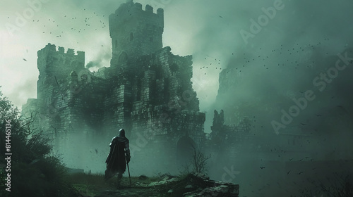 Time Traveler, Medieval armor, The ruins of a castle, Foggy, Photography, Silhouette Lighting, Vignette photo