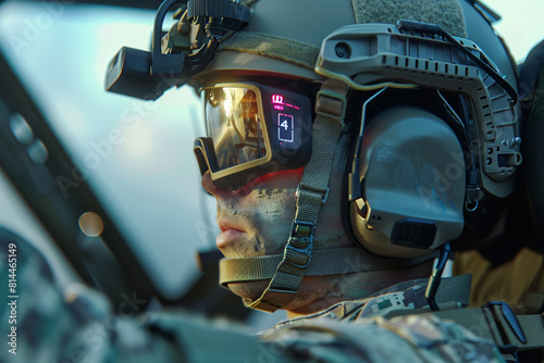 A hightech military drone piloted by a focused soldier wearing advanced virtual reality (VR) glasses, engaged in a critical mission  photo