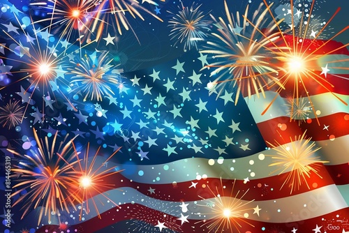 Illustration USA flag with fireworks background for independence day.