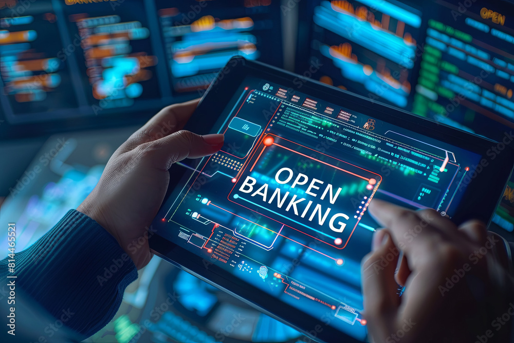 Open banking financial technology fintech concept, Business person working on tablet with open banking icon on virtual screen, with writing Open banking financial technology fintech concept, Business person working on tablet with open banking icon on virtual screen, with writing