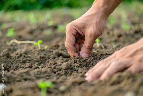 Male hands touching soil on the field. Expert hand of farmer checking soil health before growth a seed of vegetable or plant seedling. Business or ecology concept 