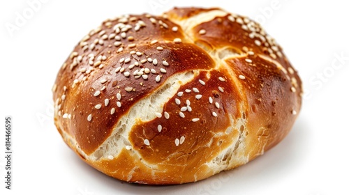 Close-up of a pretzel bun, highlighting its chewy texture and slightly salty flavor, perfect for burgers, isolated background, studio lighting © Paul