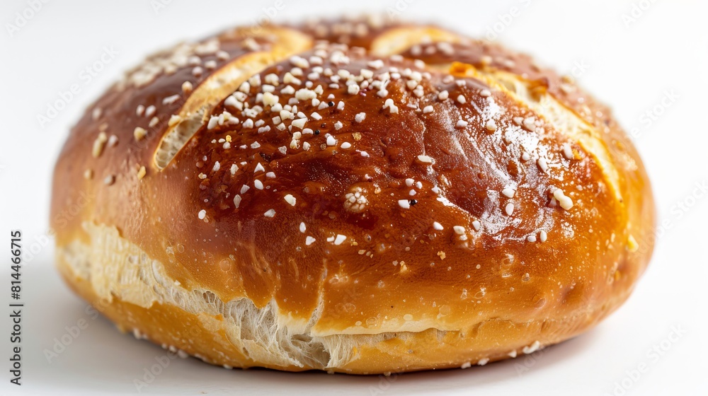Close-up of a pretzel bun, highlighting its chewy texture and slightly salty flavor, perfect for burgers, isolated background, studio lighting