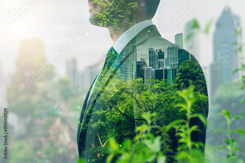A layered image of a businessman, urban cityscape, and green foliage elements The sustainable development and green investing concept in a modern, eco-conscious business world 
