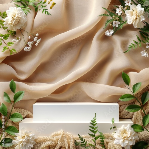 White podium with cream silk and flowers.