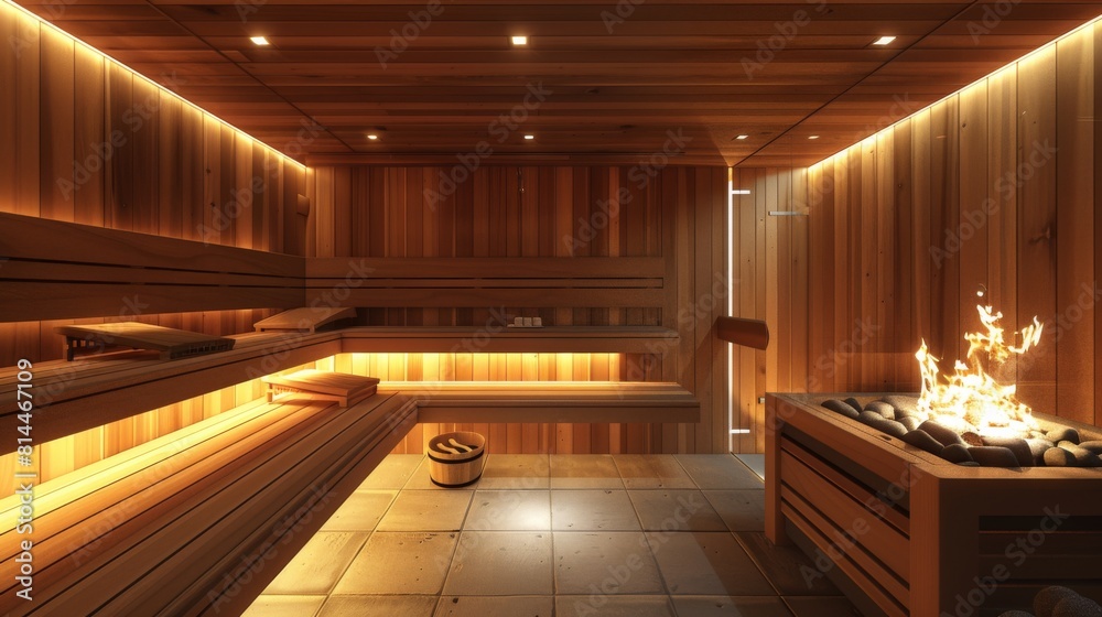 A sauna session in a wood-lined room with ambient lighting and a heat source for relaxation.
