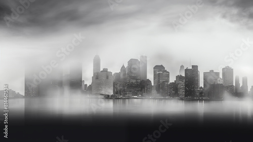 black and white photo of a city skyline in the fog with skyscrapers