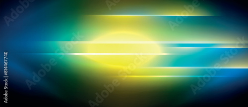 A mesmerizing blend of yellow and electric blue light creates a stunning pattern in the dark sky, resembling a lens flare from an astronomical object against the horizon