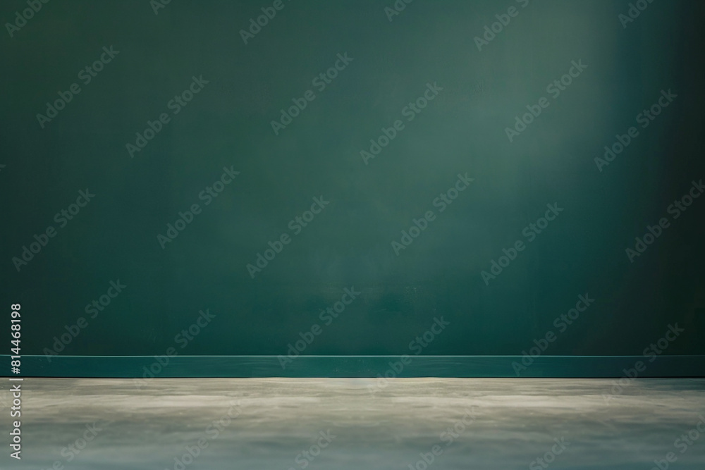 A minimalist dark green studio backdrop with a smooth gradient, complemented by a neutral grey floor, offering ample copy space for design or text A minimalist dark green studio backdrop with a smooth gradient, complemented by a neutral grey floor, offering ample copy space for design or text