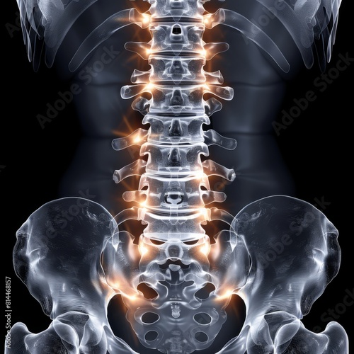 Spinal column with highlighted vertebrae and nerves