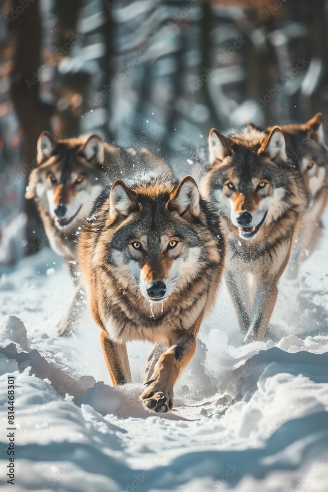 Obraz premium A pack of wolves runs through the snow, their intense gaze and swift movement captured from a low angle, emphasizing their strength and unity