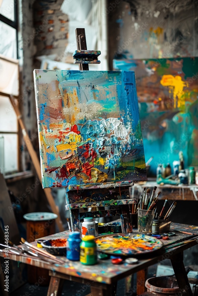 An artists studio with a canvas on an easel a palette of bright acrylic paints