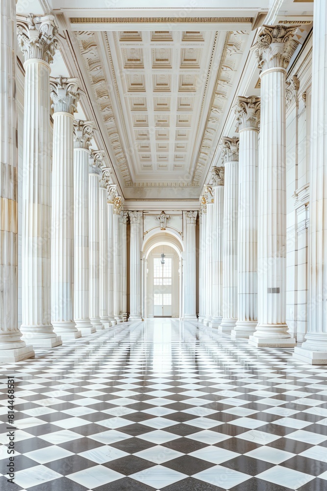 Grand classical architecture, white marble hall with tall columns and checkered floors, soft natural light