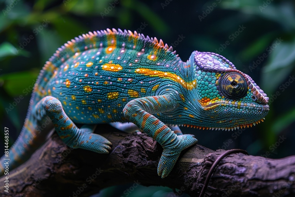 Fototapeta premium Jackson's Chameleon: Resting on a branch with horn-like protrusions and distinctive coloration.