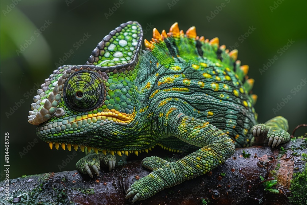 Obraz premium Jackson's Chameleon: Resting on a branch with horn-like protrusions and distinctive coloration.