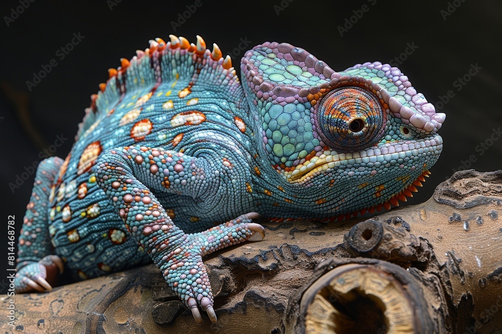 Fototapeta premium Jackson's Chameleon: Resting on a branch with horn-like protrusions and distinctive coloration.