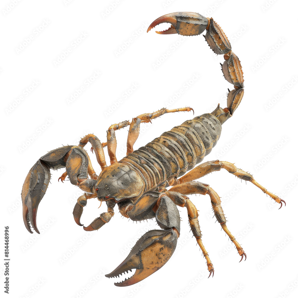 Close-up view of a scorpion, highlighting its formidable pincers and segmented tail transparent background, PNG Close-up view of a scorpion, highlighting its formidable pincers and segmented tail transparent background, PNG