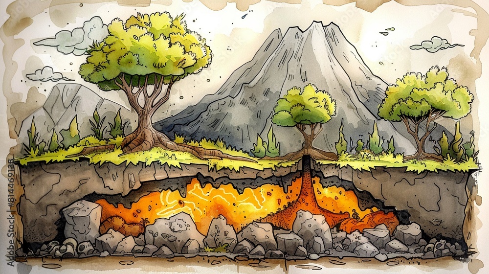 Explore the inner workings of a volcanic island with a crosssectional