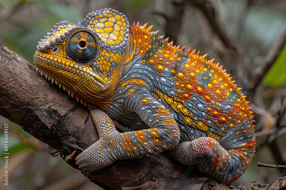 Fototapeta premium Jackson's Chameleon: Resting on a branch with horn-like protrusions and distinctive coloration.