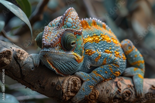 Jackson's Chameleon: Resting on a branch with horn-like protrusions and distinctive coloration.