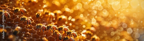 Observe the skill of honeybees as they convert nectar to honey inside a golden, waxen honeycomb in a beehive, a perfect example of natural beekeeping at its finest  8K , high-resolution, ultra HD,up32 photo