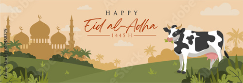 Cartoon Eid Al Adha Mubarak 2024 Template Design with Cow Illustration. Islamic Celebration Design. Selamat Idul Adha 2024. Vector Illustration