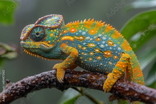 Jackson's Chameleon: Resting on a branch with horn-like protrusions and distinctive coloration. © Nico
