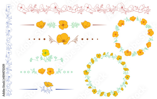 frames and borders with yellow Eschscholzia flowers. California poppy - vector design elements