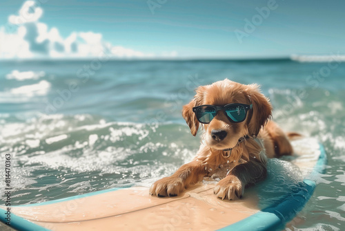 A dog wearing sunglasses on a surfboard in the sea with clouds and palm trees around.