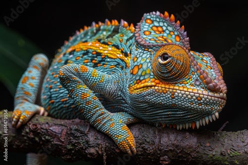 Jackson s Chameleon  Resting on a branch with horn-like protrusions and distinctive coloration.