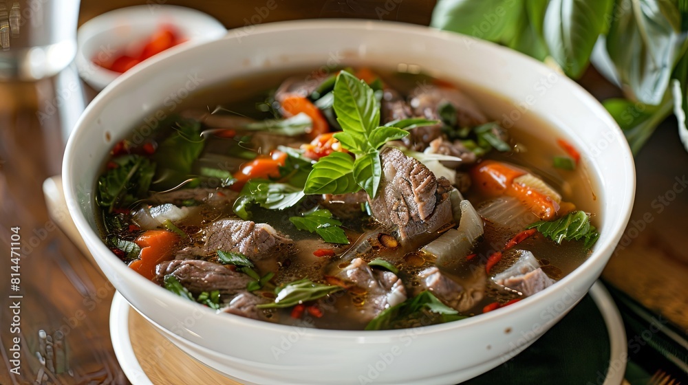 Hearty beef pho bowl with herbs and spices Hearty beef pho bowl with herbs and spices