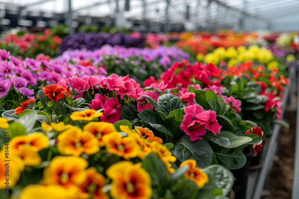 A modern greenhouse horticulture concept showcasing the efficient cultivation of vibrant flowers, representing a thriving floral agriculture business A modern greenhouse horticulture concept showcasing the efficient cultivation of vibrant flowers, representing a thriving floral agriculture business