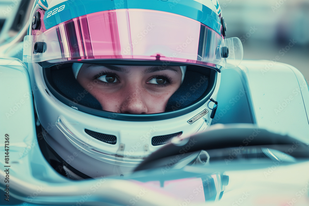 Close-up of a young female racing driver in the cockpit of her car (A.I.-generated)