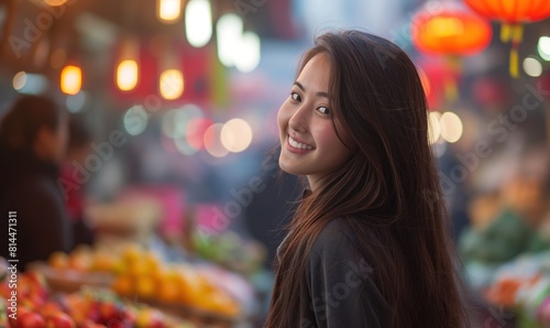 An Asian girl walks between the colorful stalls of a Chinese street market and smiles as she discovers the best fresh produce. This close-up shot reveals the essence of culinary enjoyment.