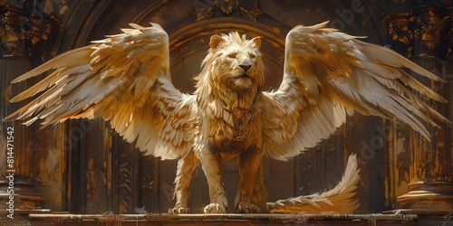 Visualize a griffin guarding its realm from a top-down perspective, showcasing a fusion of regal lion features and majestic eagle wings, representing strategic leadership in a mythical world of