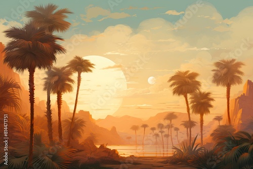 Serene landscape with date palms  symbolizing the arrival of the Islamic New Yea