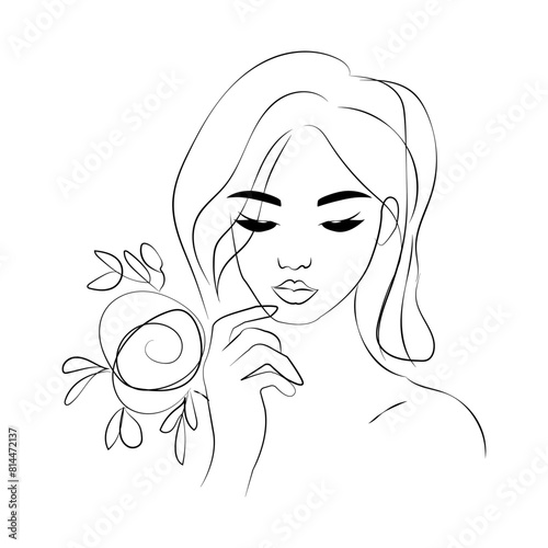 Beautyfull girl face. Attractive young woman portrait female beauty concept. Continuous one line drawing. Black and white vector illustration