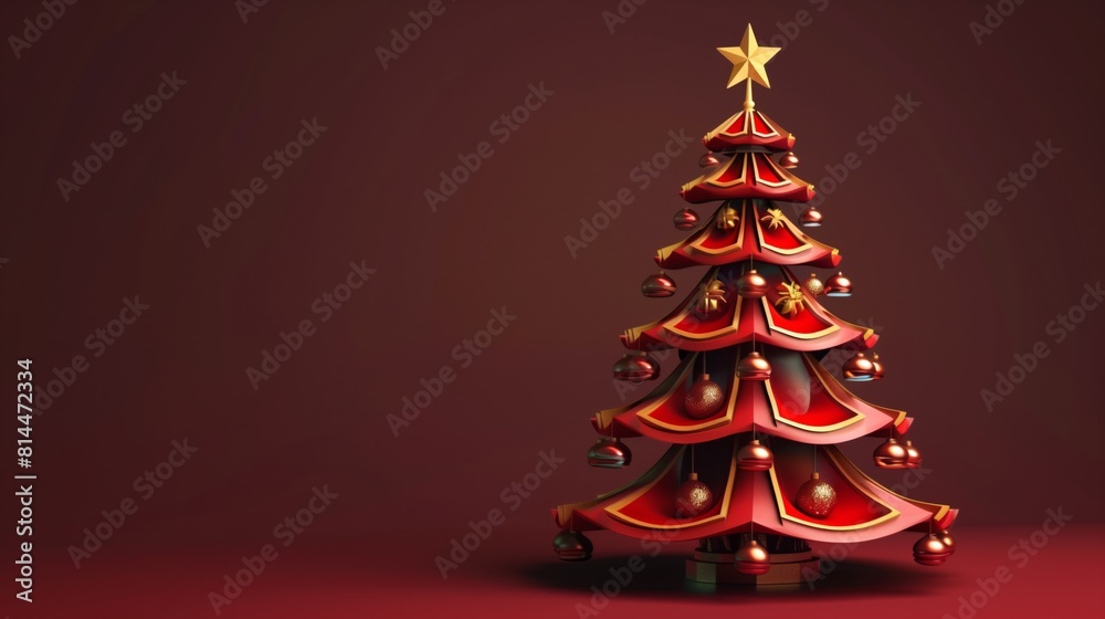 A stylized 3D Christmas tree with red and gold decorations on a dark red background. A stylized 3D Christmas tree with red and gold decorations on a dark red background.