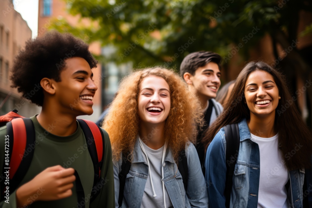 The group of diverse students laughing and walking together with backpacks, representing the excitement of going Back to School The group of diverse students laughing and walking together with backpacks, representing the excitement of going Back to School